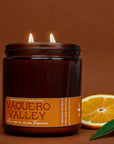A brown glass Faire Citrus and Agave Candle with two wicks sits on a brown surface, surrounded by orange slices and green leaves. Its label notes a sweet citrus blend of ripe orange, lemon, and tangerine—a Volcano-inspired scent.
