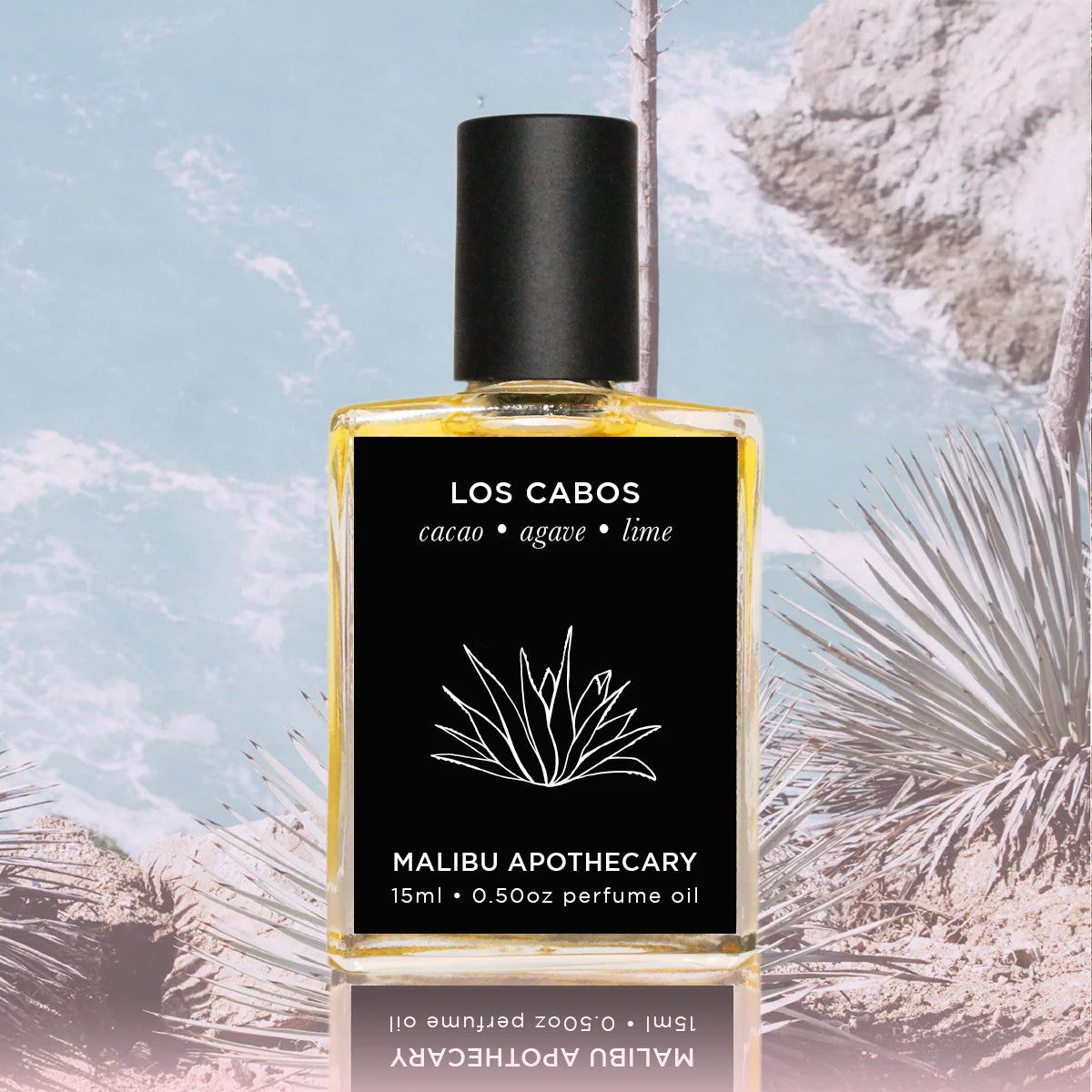 A bottle of Faire's Soleil Roller Parfum labeled "Los Cabos cacao • agave • lime" against a textured background with palm fronds and a sky-like effect. The image is stylized with a bungalow-style artistic flair.