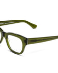 Miklos Heritage Green eyeglasses by Caddis feature thick olive green rectangular frames with slightly angled arms and "CADDIS" branding on the inside left temple, shown on a white background.