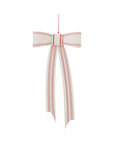 The Accent Decor 13701 Candace Ornament 6x12 is a white ribbon bow with red stripes, two long tails, and a red string for hanging—perfect as a Christmas decoration or gift topper, shown on a plain white background.