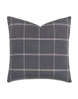 The BB-DEC-290 Carmel Plaid Pillow by Eastern Accents is a 24x24 throw pillow with a dark gray background and light gray and white plaid pattern, featuring a zipper closure, shown on a white background.