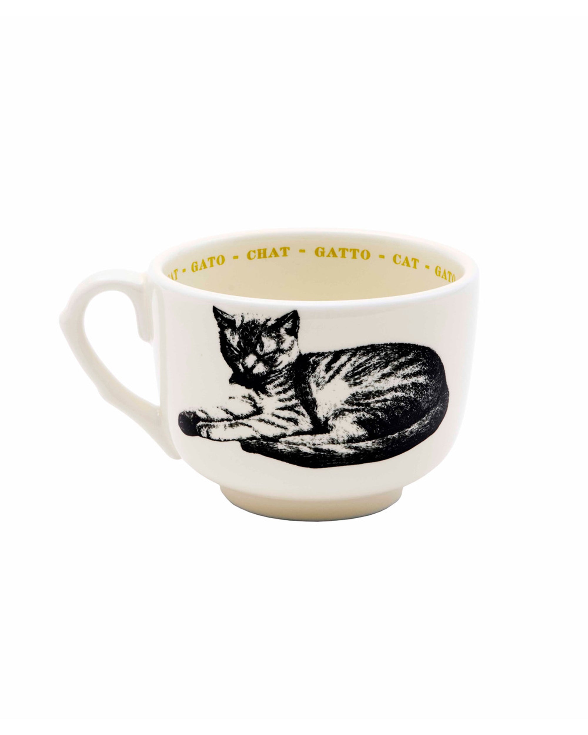 The Sir/Madam Grand Cup is cream-colored with a black cat illustration and a multilingual rim design—“CAT • CHAT • GATTO” in yellow highlights the animal’s name in English, French, and Italian.