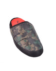 The Faire Coma Toes lounge slippers feature a green and brown camouflage pattern, red insoles, and black soles, shown against a white background.