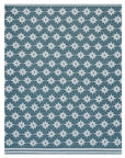 The Faire Big Sky Lightweight Blanket is a square blue throw with a repeating white eight-pointed star pattern and parallel white lines on two edges, blending striking design with the comfort of a lightweight blanket.