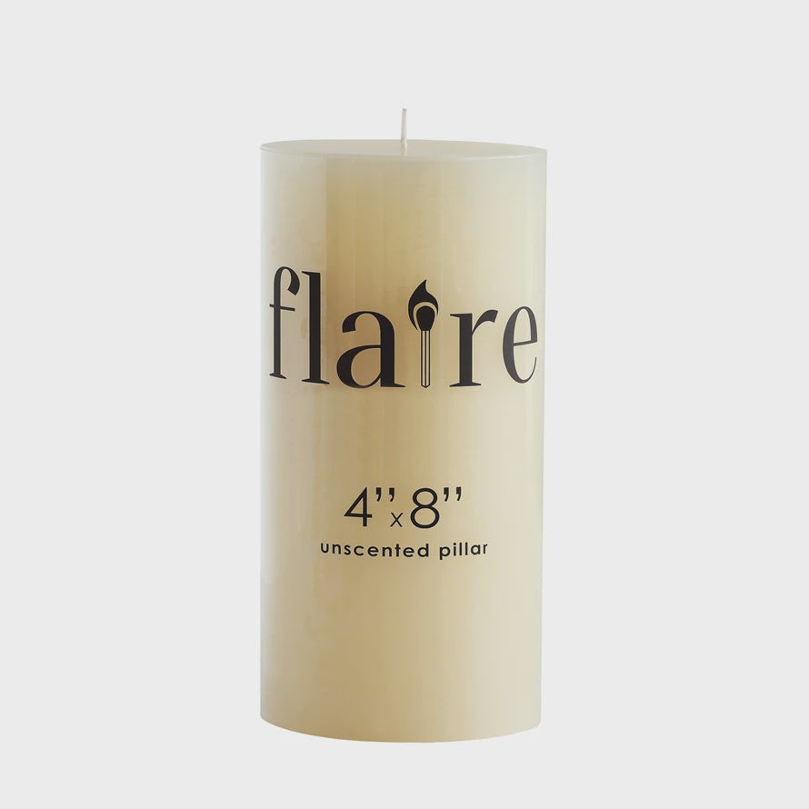 The Creative Co-op Unscented Pillar Candle 4x8 is a large ivory candle with "flaire" and a flame icon, measuring 4" x 8". Burn time is up to 145 hours. Shown on a plain background.