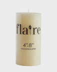 The Creative Co-op Unscented Pillar Candle 4x8 is a large ivory candle with "flaire" and a flame icon, measuring 4" x 8". Burn time is up to 145 hours. Shown on a plain background.