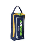 A blue zippered carrying case with a yellow zipper and handle, labeled "Travel Rummy" in white and green, by Faire—ideal for family fun and playing Rummy anywhere.