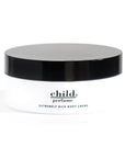 A white jar with a black lid labeled "Child Rich Body Creme" by Faire, featuring a vegan formula, is set against a plain white background.