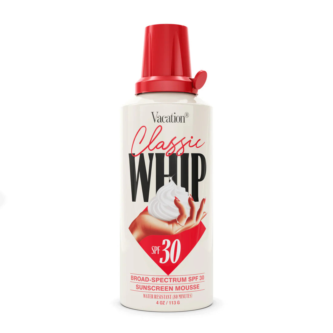 A sunscreen mousse product labeled "Vacation Classic Whip SPF 30 Sunscreen Mousse" in a white canister with a red spray nozzle, marketed for broad-spectrum UV protection.