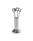 The Zodax IN-8224 Cocktail Picks S4 features three metal picks with white and silver square-shaped ends, elegantly displayed in a sleek silver holder—perfect for any modern cocktail set or stylish bar collection.