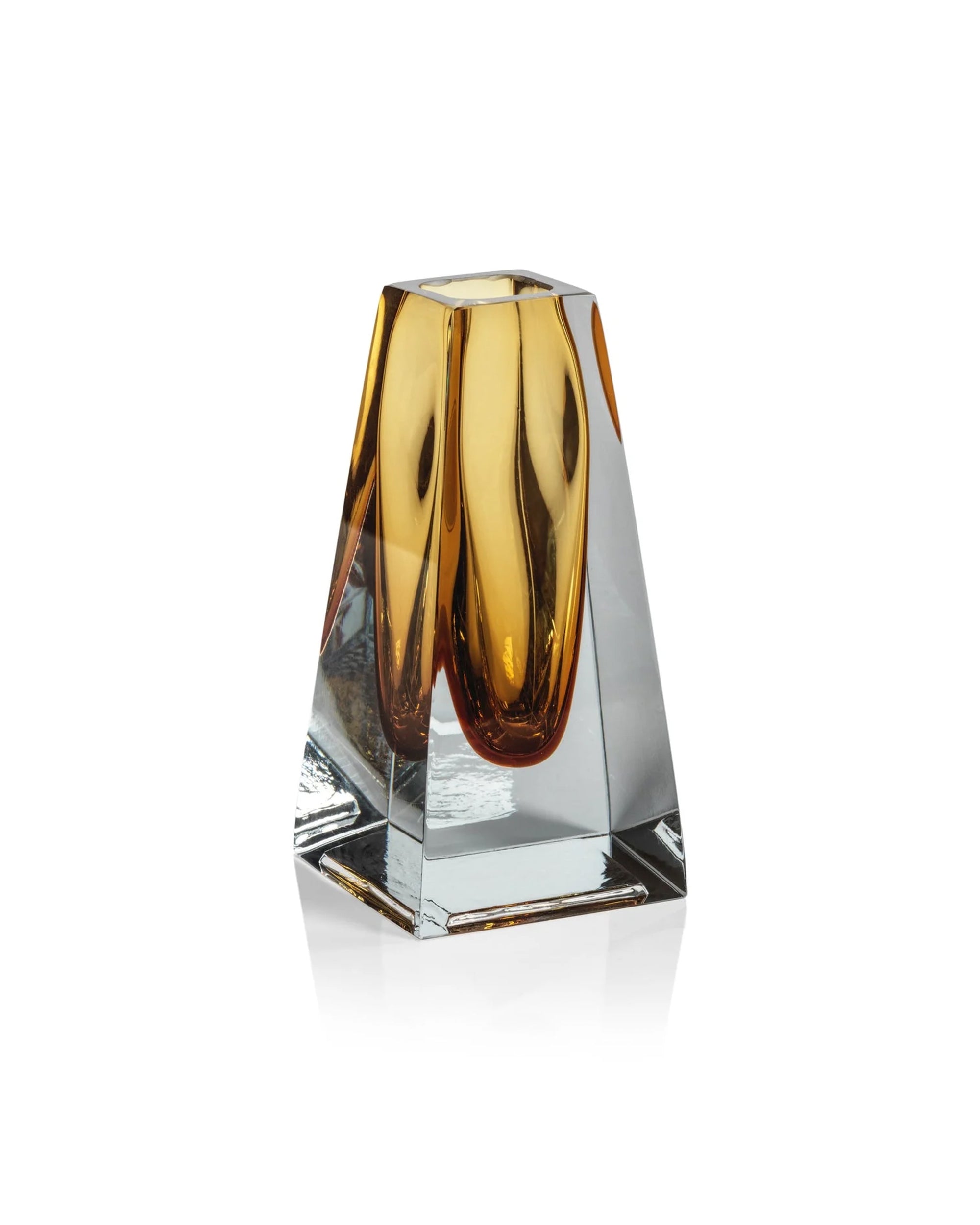 The CH-6807 Corinthia Vase Tall by Zodax features a geometric design with a triangular base, amber-toned inner detailing, and clear outer edges—adding modern flair to your home decor, shown here on a white background.