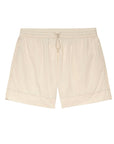 The Rover Short by The Great Inc. features a relaxed fit, beige durable fabric, elastic waistband, and side pockets, shown laid flat on a white background.
