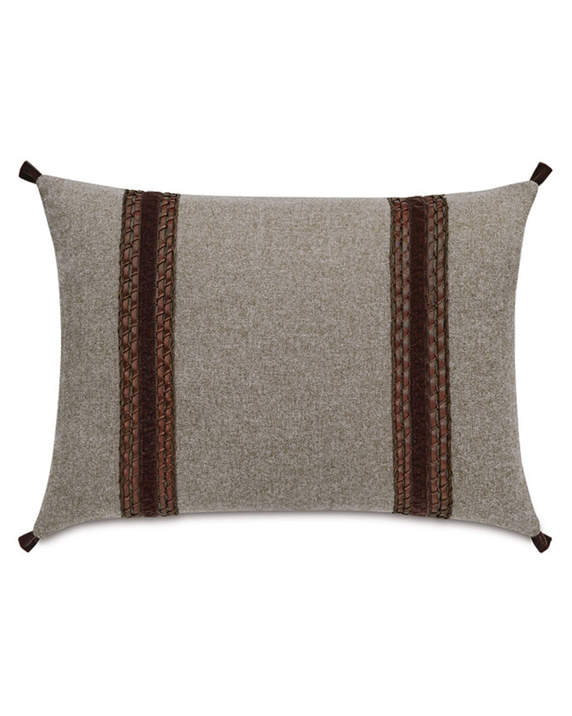 The CRISTOBAL FAUX LEATHER pillow by Eastern Accents is rectangular and gray, featuring two vertical woven leather-like bands with intricate details near the center and small brown fabric loops on each corner.