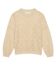 The Crochet Pullover by The Great Inc.—a beige long-sleeve sweater with a floral lace pattern and ribbed cuffs, hem, and neckline—displayed flat on a white background.