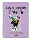 The "New York Times Cultured Traveler 100 Trips" by Ingram Book Company features a lavender cover with a historic man on a green bike, carrying flowers and groceries—a charming guide to 100 journeys worldwide.