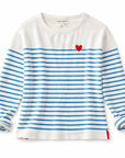 The Kerri Rosenthal Artist Long Sleeve Stripe Tee is a white shirt with horizontal blue stripes, a small embroidered heart on the upper left chest, and slightly rolled cuffs for a relaxed look.