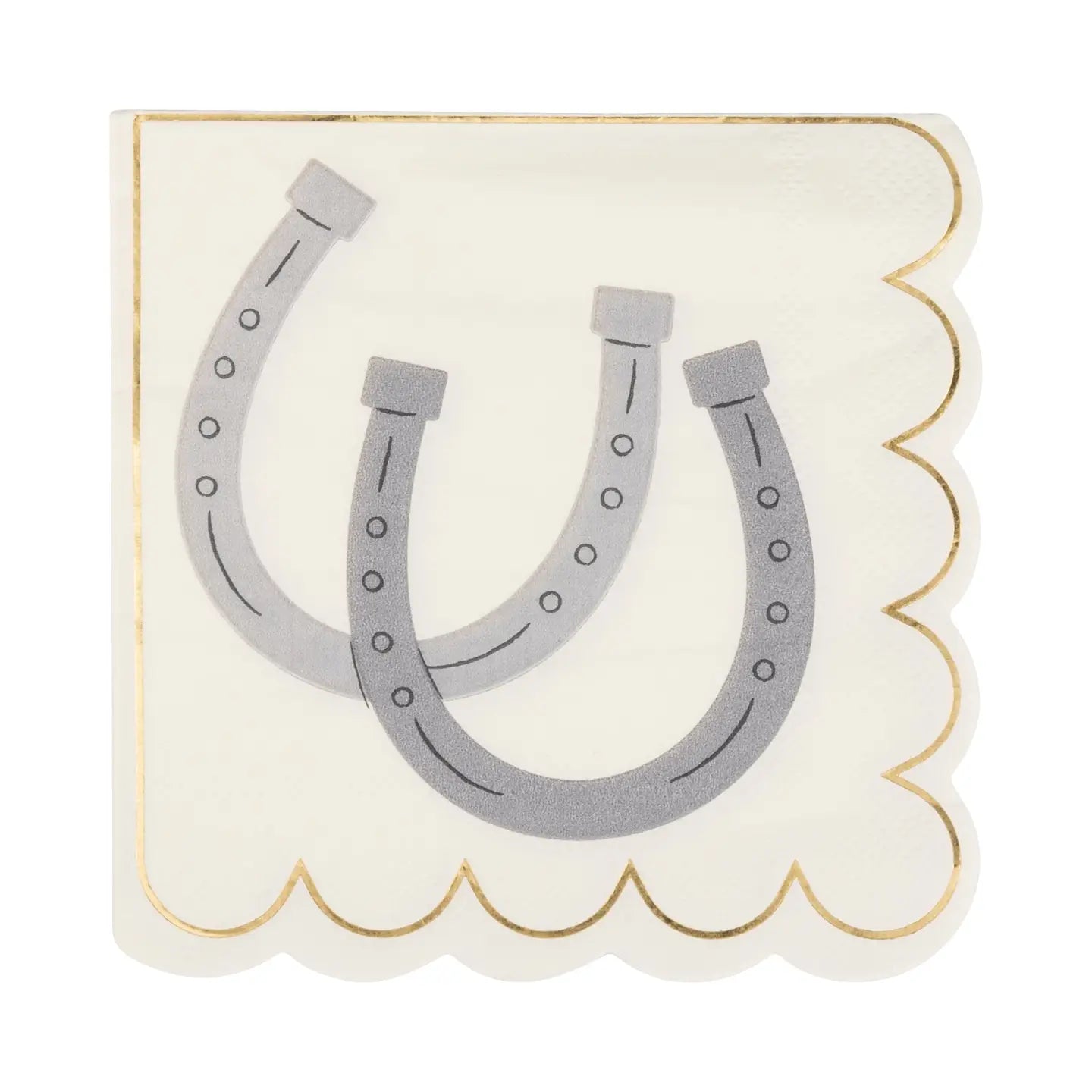 The Faire Cocktail Napkin is a stylish and fun white napkin featuring scalloped edges, two overlapping gray horseshoes, and a thin gold border that adds sophistication, making it perfect for any occasion.