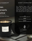 A 55 OZ black coconut wax candle by Faire, labeled "Baies Currants Quince," sits beside its lid. Inspired by Diptyque, it features a strong scent profile: cassis, peppercorn, bergamot, rose, and oakmoss.