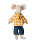 Maileg Dad Mouse by Maileg is a soft toy dressed in a yellow and white checkered shirt and blue jeans, posed standing upright with arms slightly outstretched.