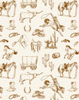 The Faire Double Sided Hand Towel features a seamless Western-themed pattern with cowboy and horse sketches on light beige—ideal for an eco-friendly holiday addition or as a waffle weave microfiber accessory.