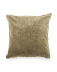 The Velvet Pillow W/ Poms by Sugarboo Designs features a square olive green velvet cover with decorative pom trim, displayed against a white background—ideal for mixing with other colorful throw pillows.