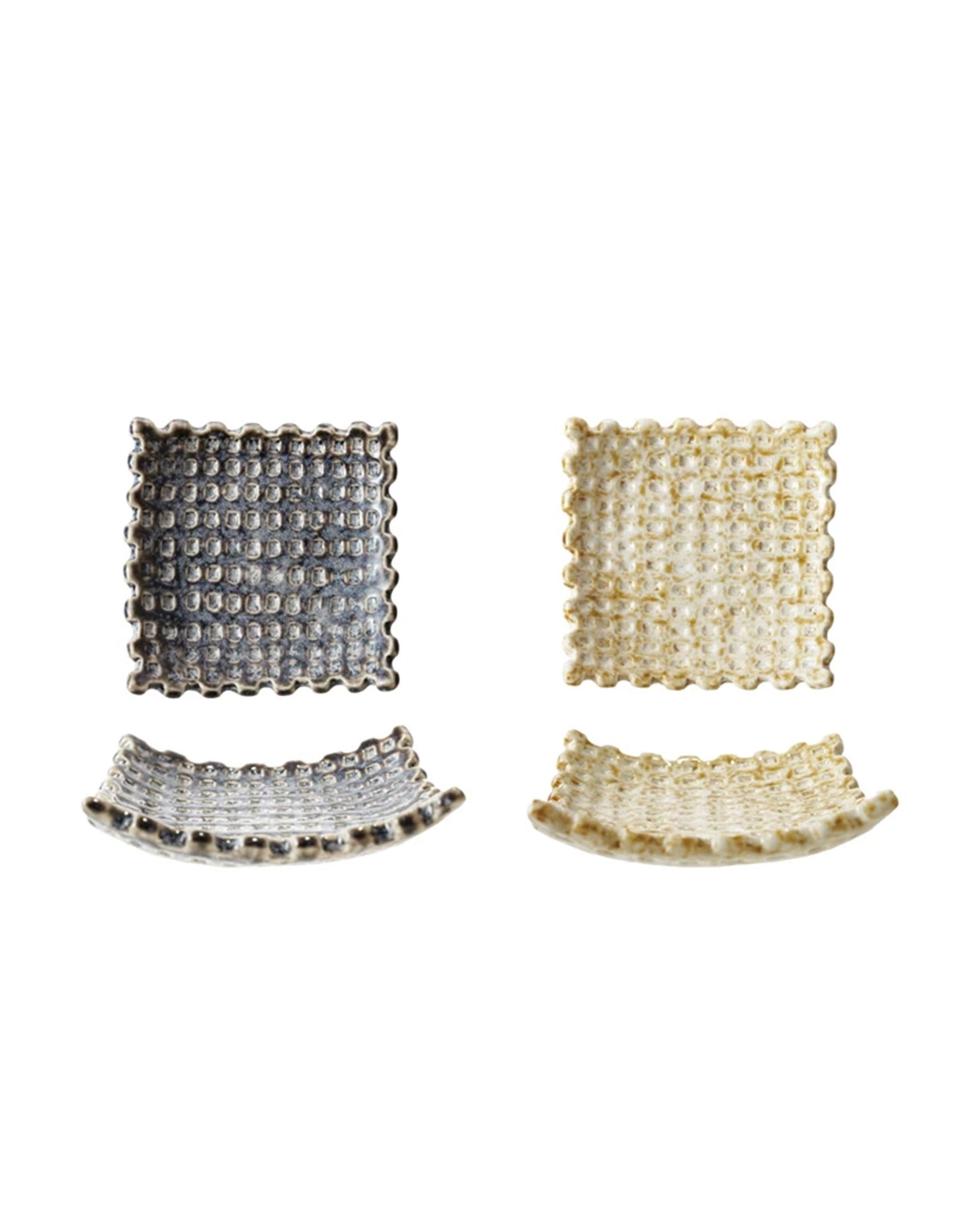 Four Bloomingville Debossed Stoneware Dishes are displayed: two with a grayish reactive glaze and dark tones, and two cream-colored with light tones, all featuring wavy edges and a square shape against a white background.