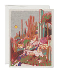 A vibrant Faire greeting card featuring a colorful illustration of a dense, fantastical desert landscape with diverse cacti and plants under a bright sun and dotted sky in Scottsdale, Arizona.
