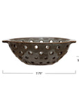 The Creative Co-op Berry Bowl with Glaze is a stoneware colander with large round holes, measuring 2.5" tall, 5.75" wide, and 7.75" long—perfect for washing berries. Shown here from the side.