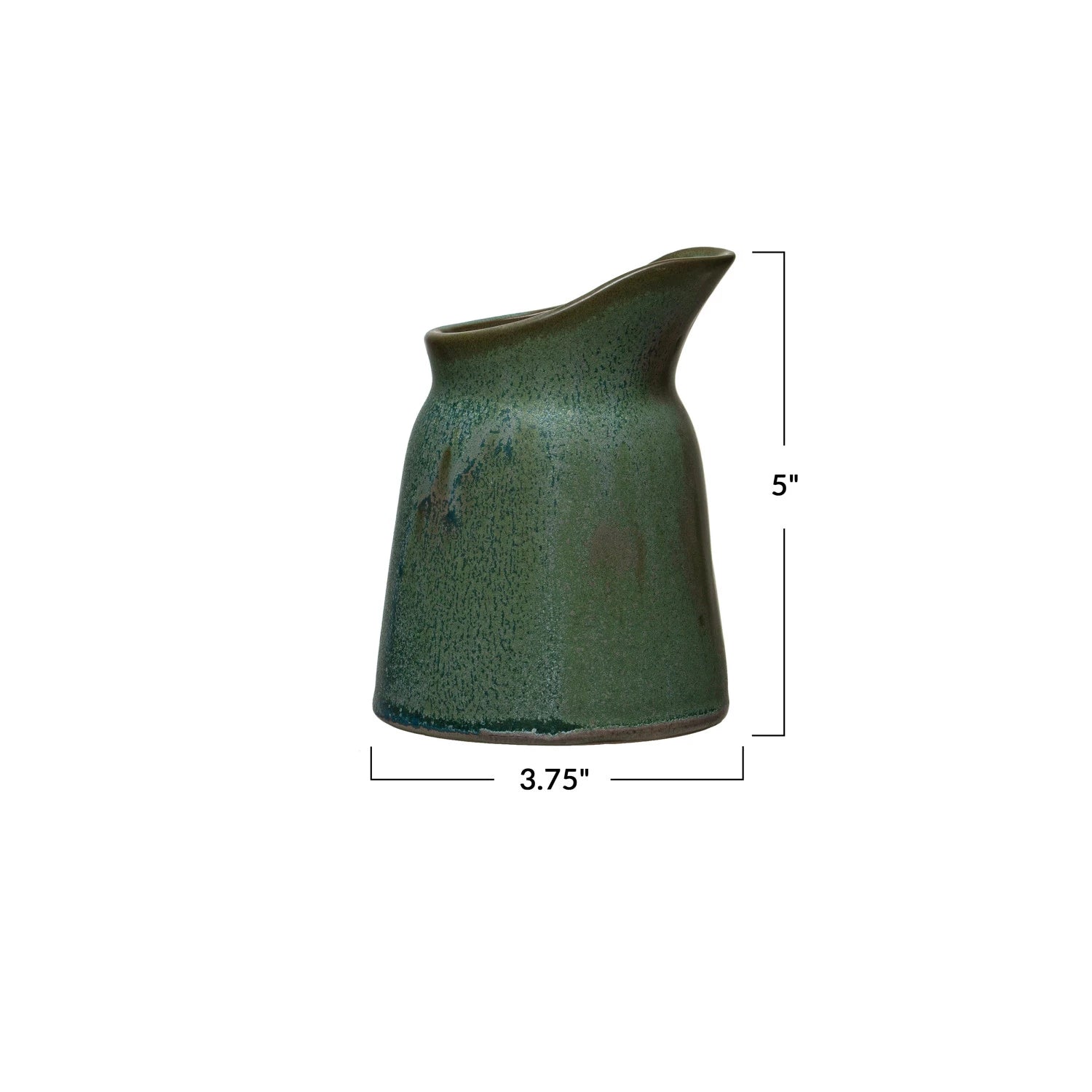 The Creative Co-op Stoneware Creamer is 5" tall and 3.75" wide at the base, with a curved spout and modern stoneware design, shown on a white background with measurement lines and labels.