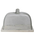 The Creative Co-op Glass Cloche White Marble L features a clear glass dome with knob handle on a rectangular white marble base, offering stylish farmhouse-inspired storage for cheese, butter, or kitchen essentials.