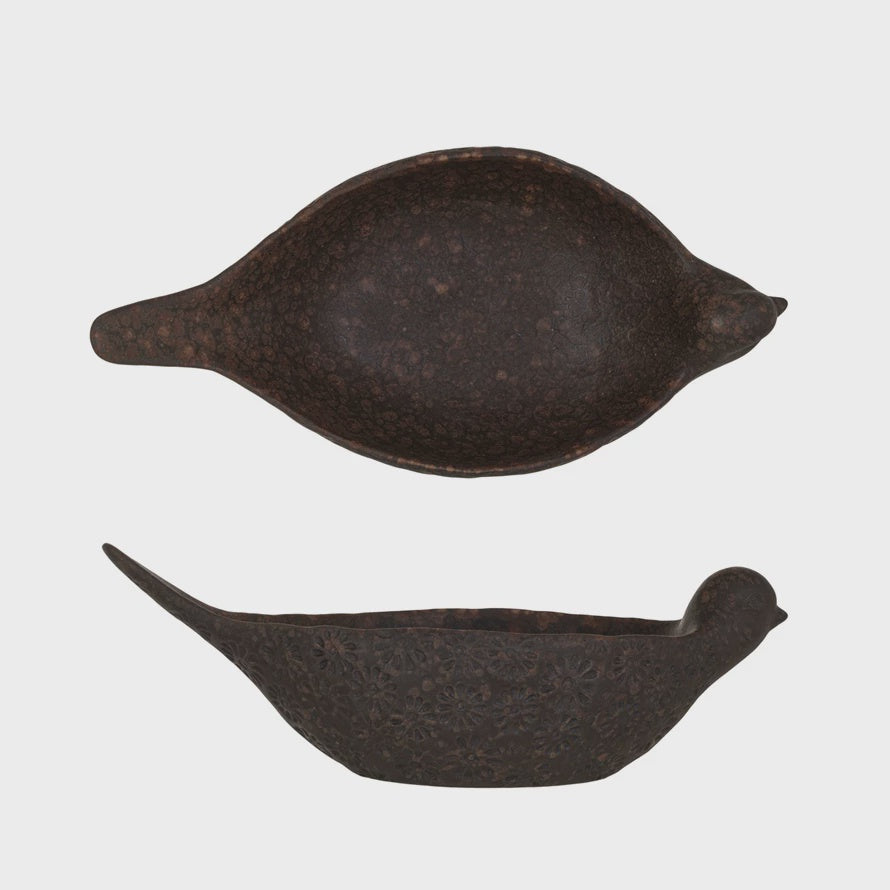 The DF8856 Debossed Bird Bowls by Creative Co-op showcase a debossed, textured dark brown finish. One bowl is displayed from a top perspective, and the other is photographed from the side. Both bowls feature elongated tails and rounded beaks, highlighted by a reactive glaze for an enchanting appearance.