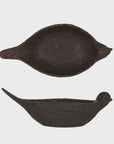 The DF8856 Debossed Bird Bowls by Creative Co-op showcase a debossed, textured dark brown finish. One bowl is displayed from a top perspective, and the other is photographed from the side. Both bowls feature elongated tails and rounded beaks, highlighted by a reactive glaze for an enchanting appearance.