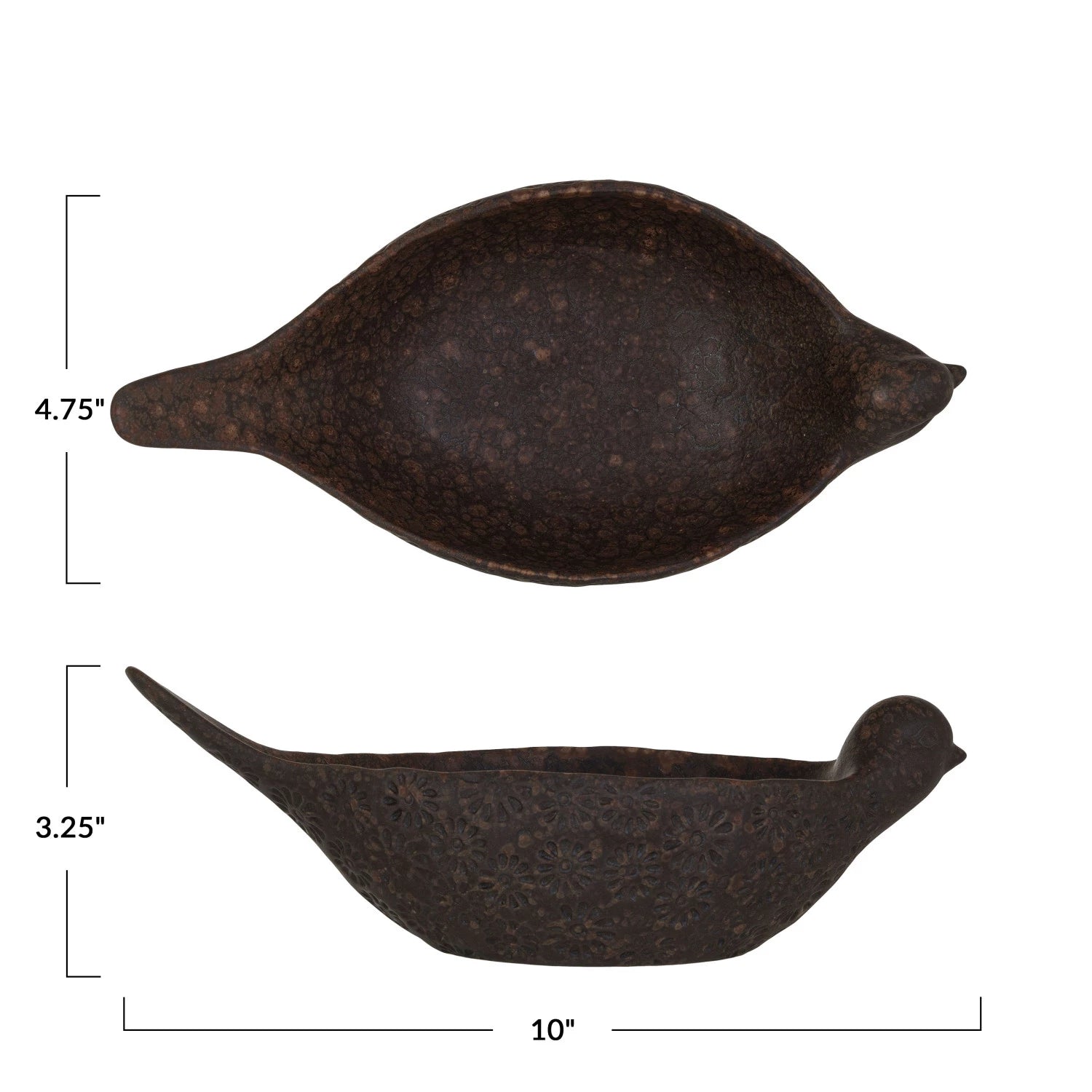 Two views of Creative Co-op's Debossed Bird Bowl, featuring dark brown stoneware with a textured surface and reactive glaze. Dimensions: 4.75" tall, 3.25" wide, and 10" long from tail to beak.