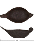 Two views of Creative Co-op's Debossed Bird Bowl, featuring dark brown stoneware with a textured surface and reactive glaze. Dimensions: 4.75" tall, 3.25" wide, and 10" long from tail to beak.