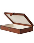 The Creative Co-op Leather Box Snap Closure in cognac features a rectangular MDF and leather design with a hinged lid, light beige interior lining, and a small front keyhole, shown open.
