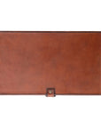 The Creative Co-op Leather Box Snap Closure features cognac-colored leather, neat edge stitching, and a small snap closure at the bottom center, displayed against a white background.