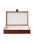 The Creative Co-op Leather Box Snap Closure in cognac MDF and leather sits open, showing its cream-colored interior. The empty box is centered on a plain white background.