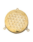 The Creative Co-op Stainless Steel Footed Grater is a round, gold-colored tool with a perforated, raised surface and three small edge loops, shown on a white background. Dimensions available upon request.