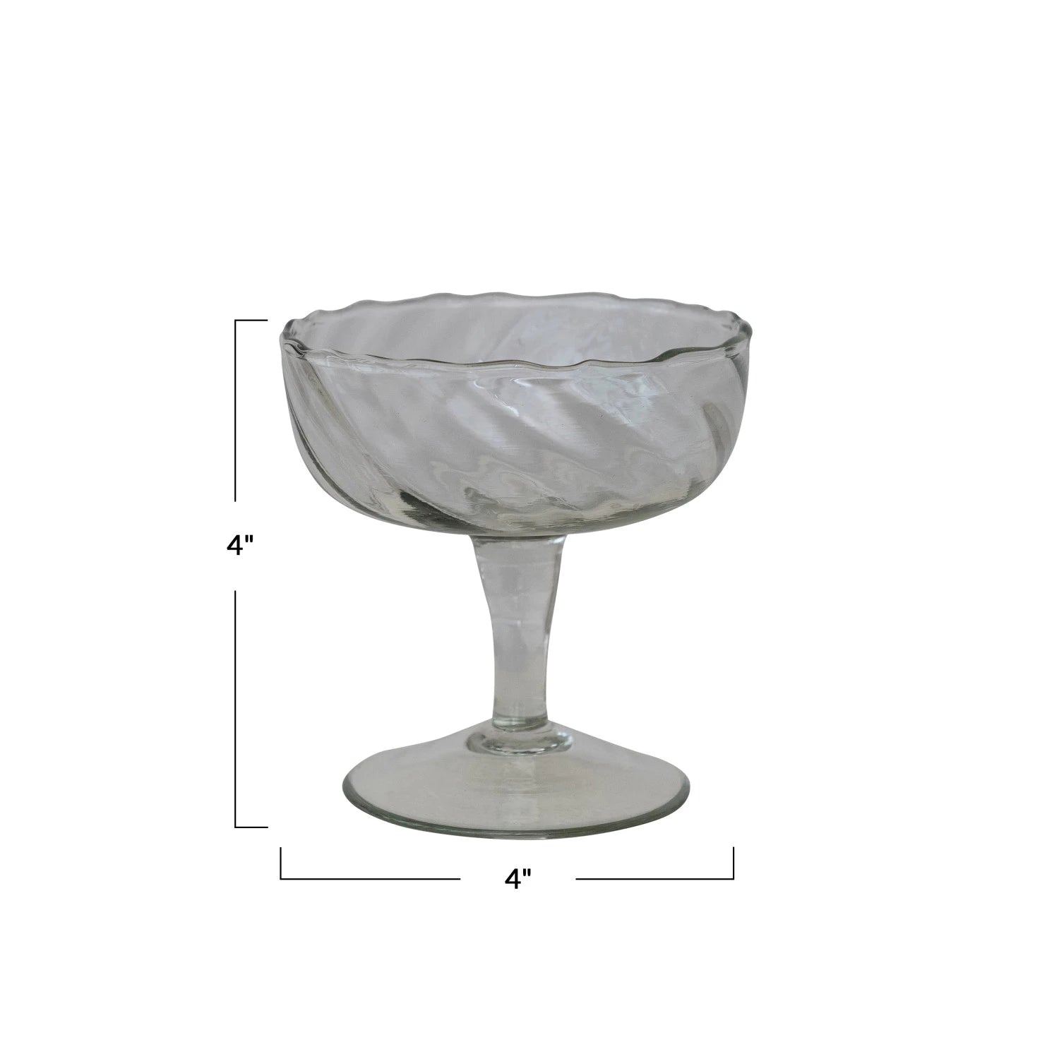 The Creative Co-op Twisted Stemmed Coupe Glass is a clear 6 oz dessert or ice cream cup with a swirl pattern, wide bowl, and short stem. Both height and diameter are 4 inches—perfect for elegant presentations.