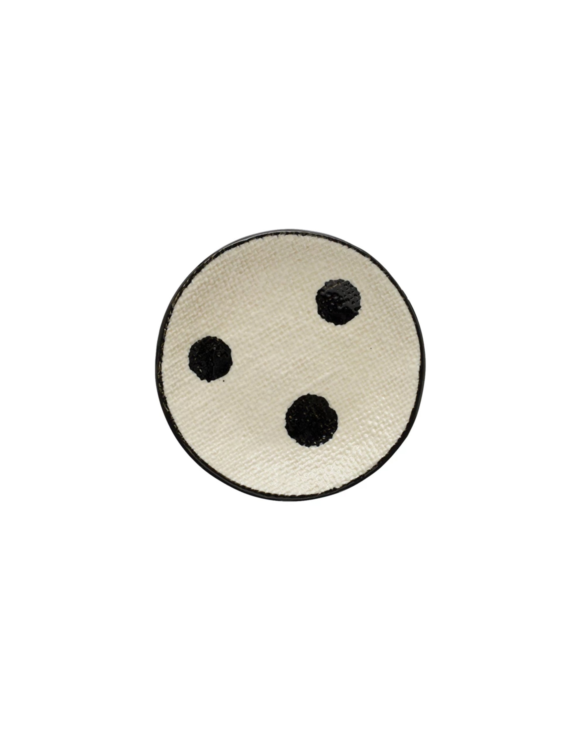 The Creative Co-op DF7703 Stoneware Dish w/ Dots features a white base and three large, evenly spaced black dots, hand-painted for a unique touch to your serve ware. Viewed from above.