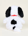 The Warmies/Intelex Snoopy / Red Collar Warmies is a microwavable plush dog with white fur, black ears, a red collar, and black spots, shown from the back on a plain light background for enhanced sensory comfort.