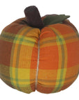 The Faire Pumpkin features a charming orange, yellow, and green plaid fabric design with a brown stem and green leaf, perfect as a farmhouse ornament or rustic fall décor accent.