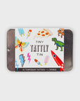 Tattly Tattoo Tin by Faire, featuring vibrant designs such as a butterfly, pizza slice, octopus, dinosaur, lightning bolts, popsicles, and a rocket. Includes non-toxic Tattly Temporary Tattoos with text: "10 Temporary Tattoos + 1 Sponge.
