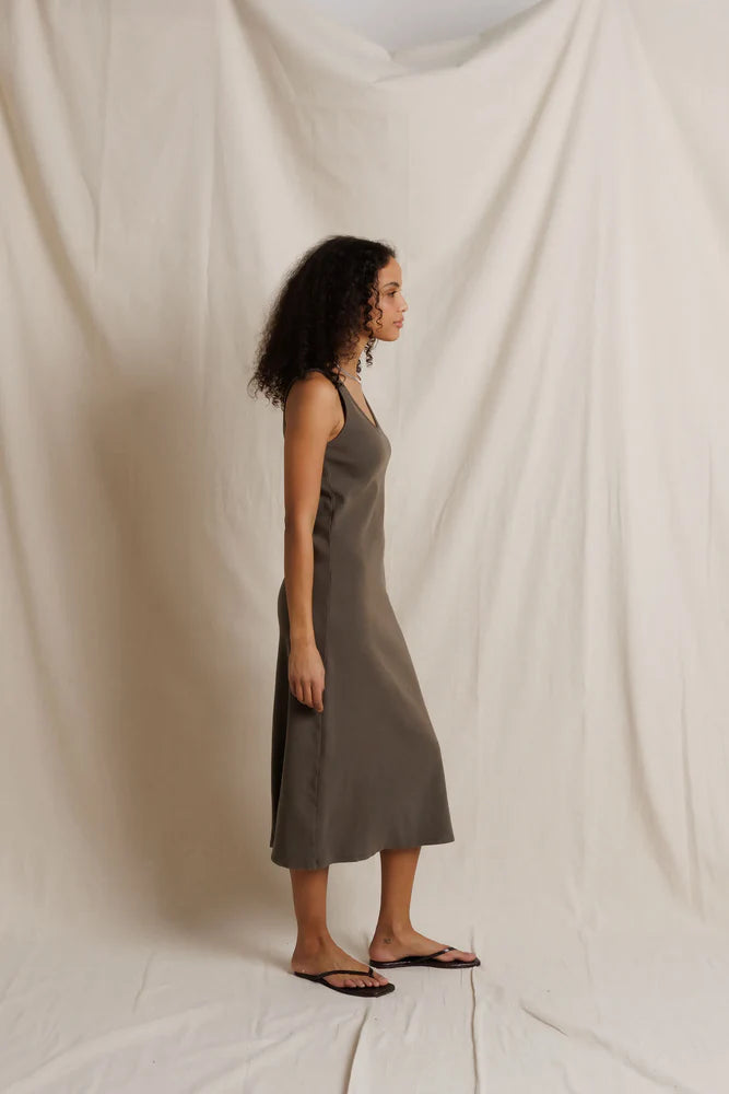 midi tank dress White Striped Fitted date nights Knit Midi Tank Dress- Beige/Navy