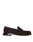 The Freda Salvador Elba Espresso Suede Loafer features visible stitching, a classic moccasin design, and a low black heel for timeless style. This comfortable penny loafer is shown against a white background.