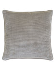 ENOCH VELVET by Eastern Accents is a square pillow in Grigio Smoke, featuring textured light gray velvet with thin horizontal black stripes, piped edges, and a zipper closure for easy removal and care. Simple modern design stands out on white.