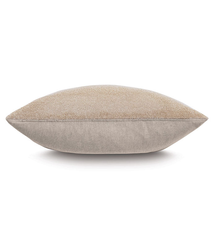The OLIVER BOUCLE by Eastern Accents is a rectangular throw pillow with textured boucle fabric in light tan on top and light gray on the bottom, shown from the side on a white background.
