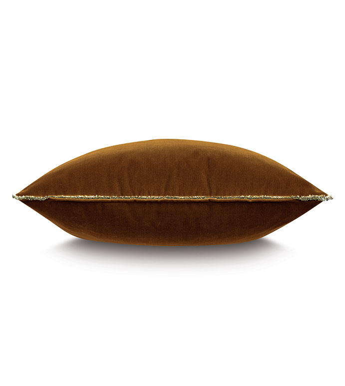 The MONTAGNE VELVET euro sham by Eastern Accents is shown from the side, featuring brown velvet with a subtle gold trim—ideal for adding bohemian elegance to your decor against a white background.