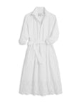 The Gracie Midi Eyelet Dress by Frank & Eileen is a crisp white collared shirt dress with rolled-up long sleeves, a tie waist, and an eyelet lace skirt. This feminine midi dress offers a classic, flattering silhouette.