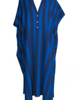 The Faire Suft Stripe Kaftan is a blue and black maxi dress with short sleeves, a V-neckline, three front buttons, and diagonal and vertical stripes for a dynamic coastal look.